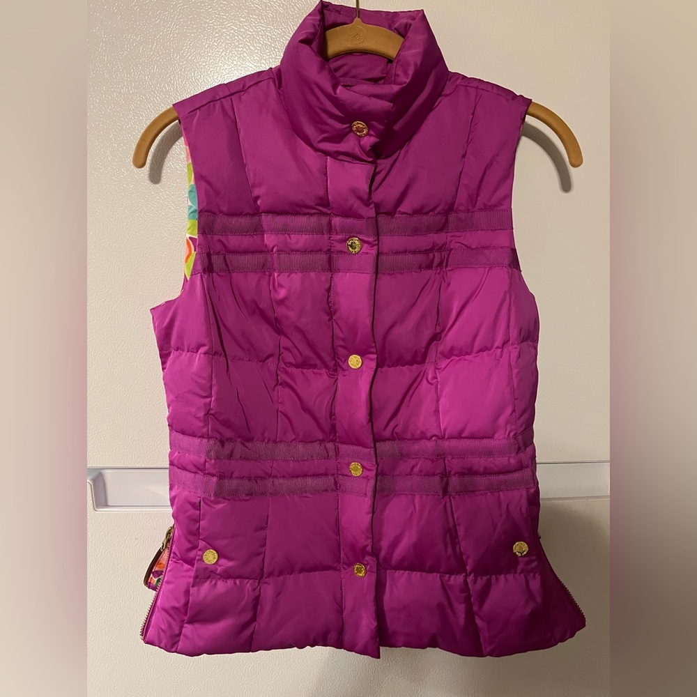 Lilly Pulitzer Womens Purple Sleeveless Flamingo Lining Kate Puffer Vest Size XS